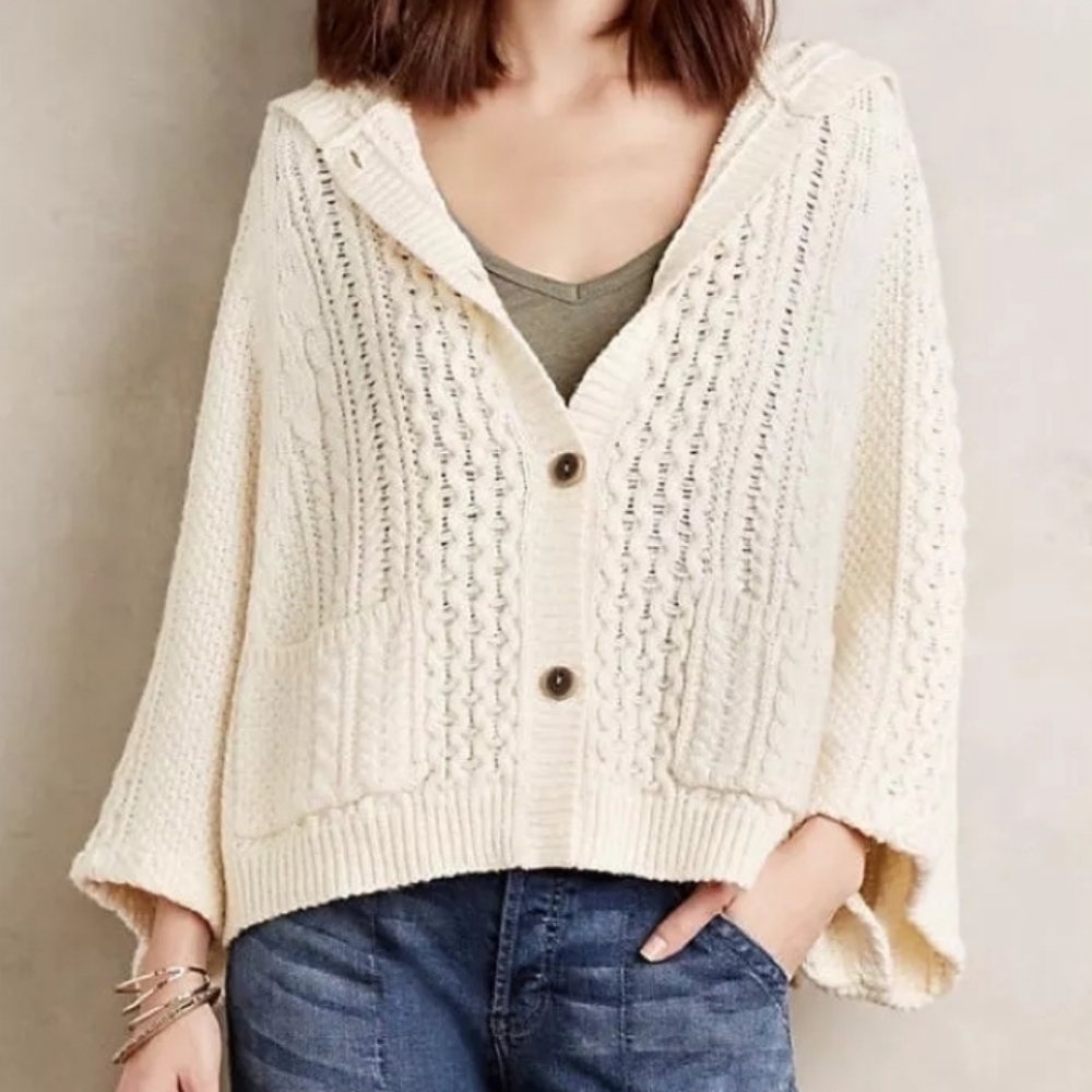 NWT Anthropologie Cream Hooded Poncho Cable Knit Button Front Cardigan XS/S